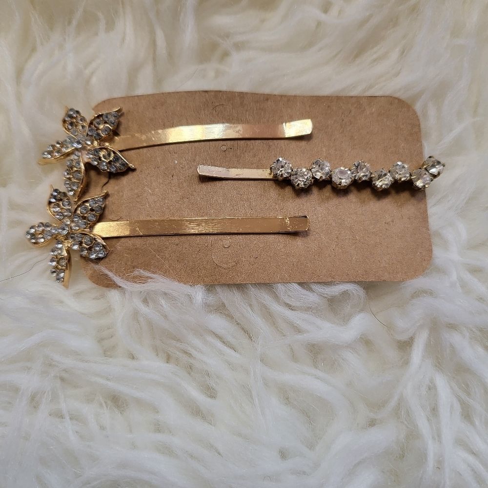 Gold Flower Clear Rhinestone Hair Clips Set Of 3